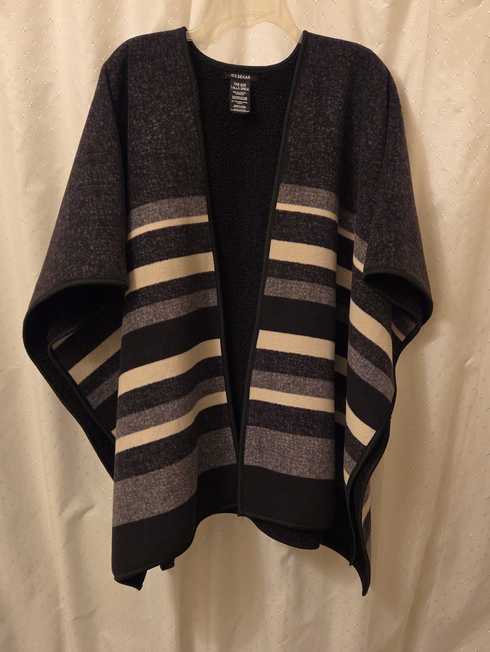 Ike Behar Black and Cream Striped Open-Front Poncho